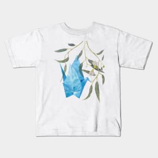 Blue origami paper crane & eucalyptus branch Kids T-Shirt